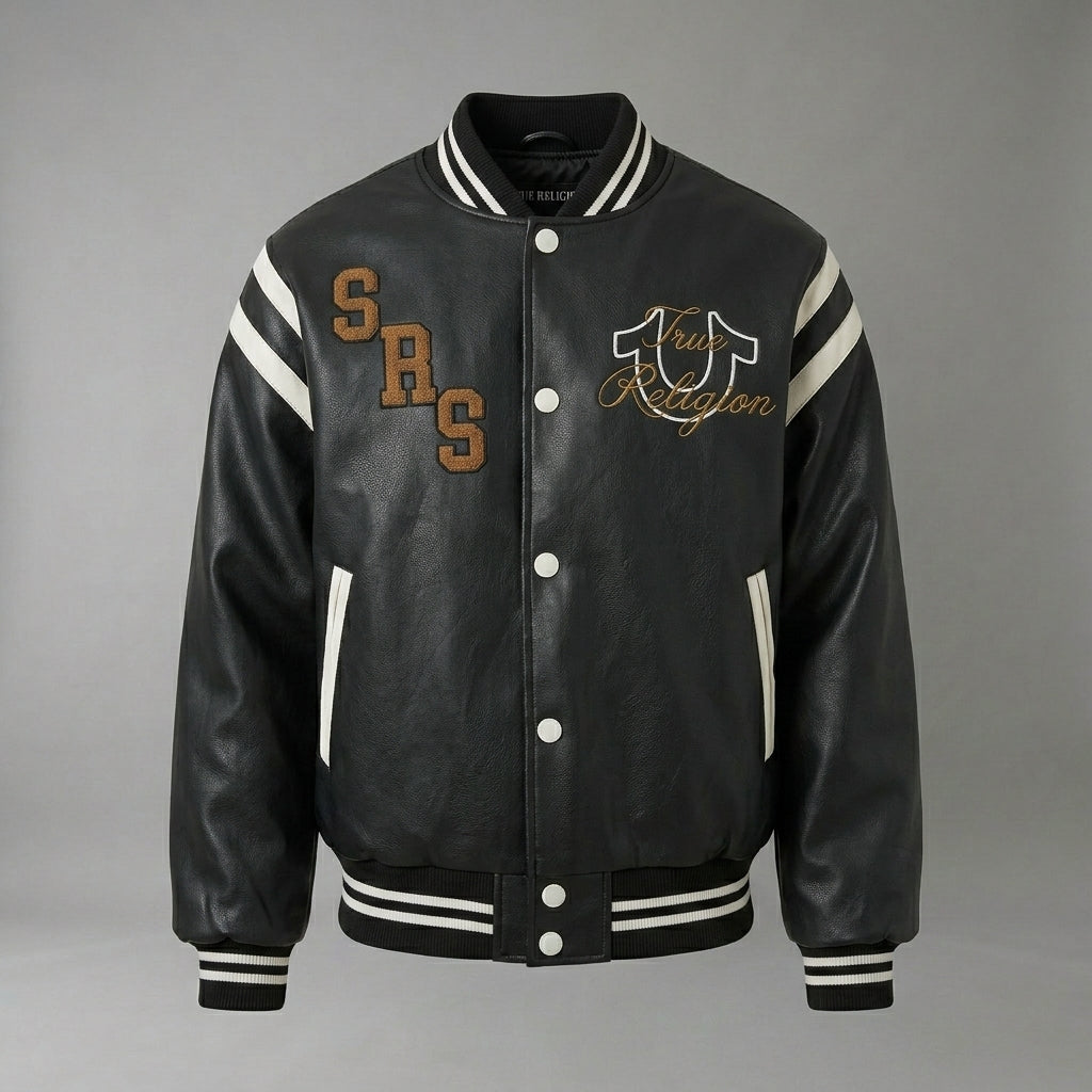 Men’s Black Retro Varsity Jacket – Patchwork Letterman Style