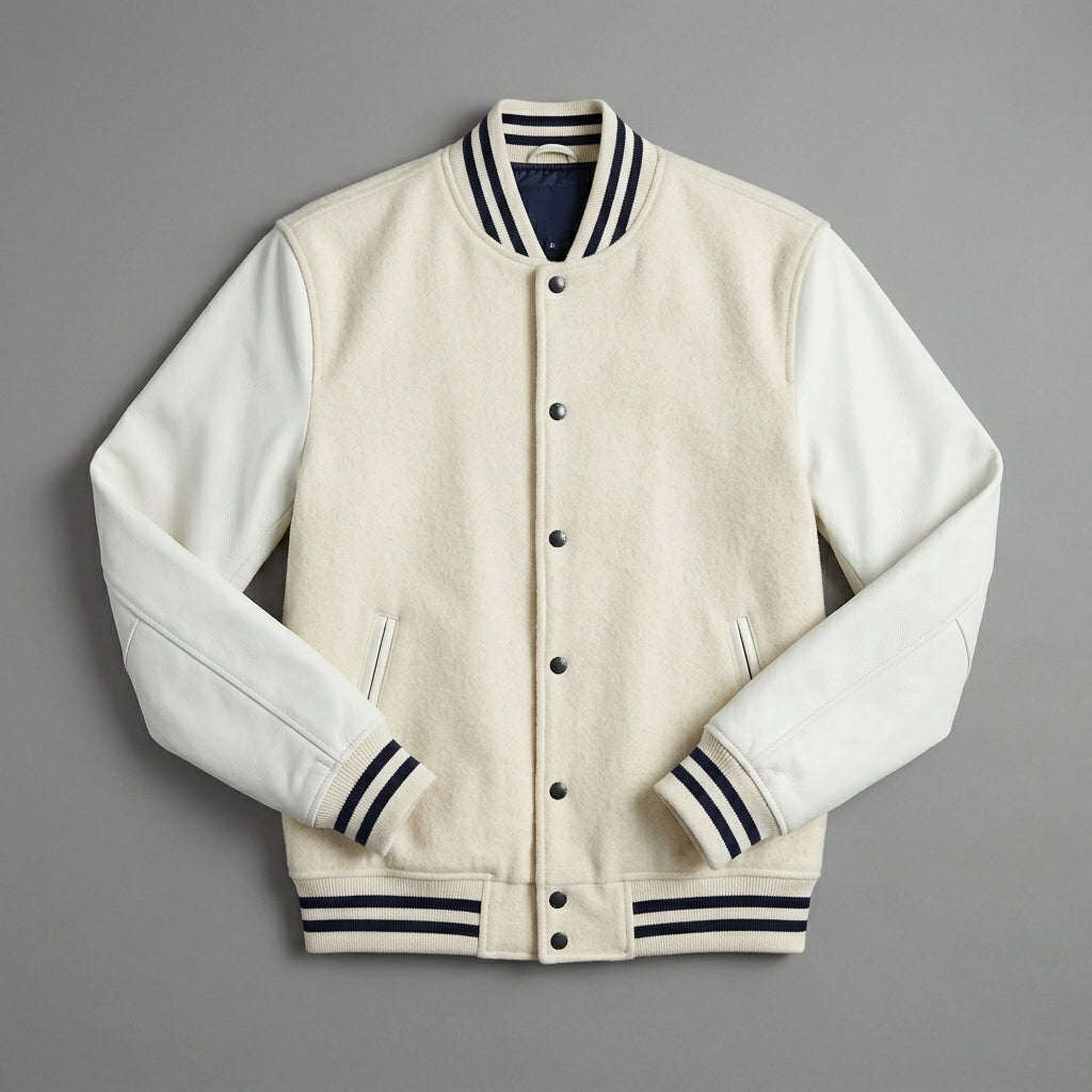 Men’s White Wool Varsity Jacket – Vintage Letterman with Leather Sleeves