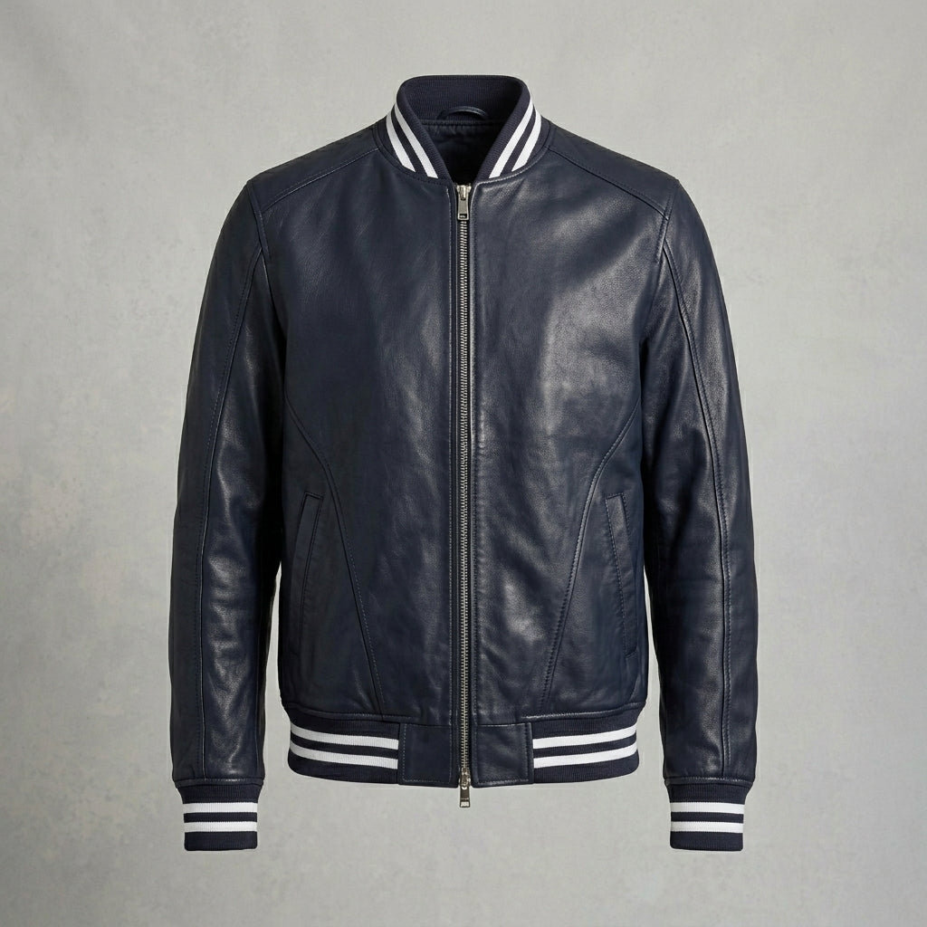 Men’s Slim Fit Blue Leather Varsity Jacket – Streetwear Letterman Style