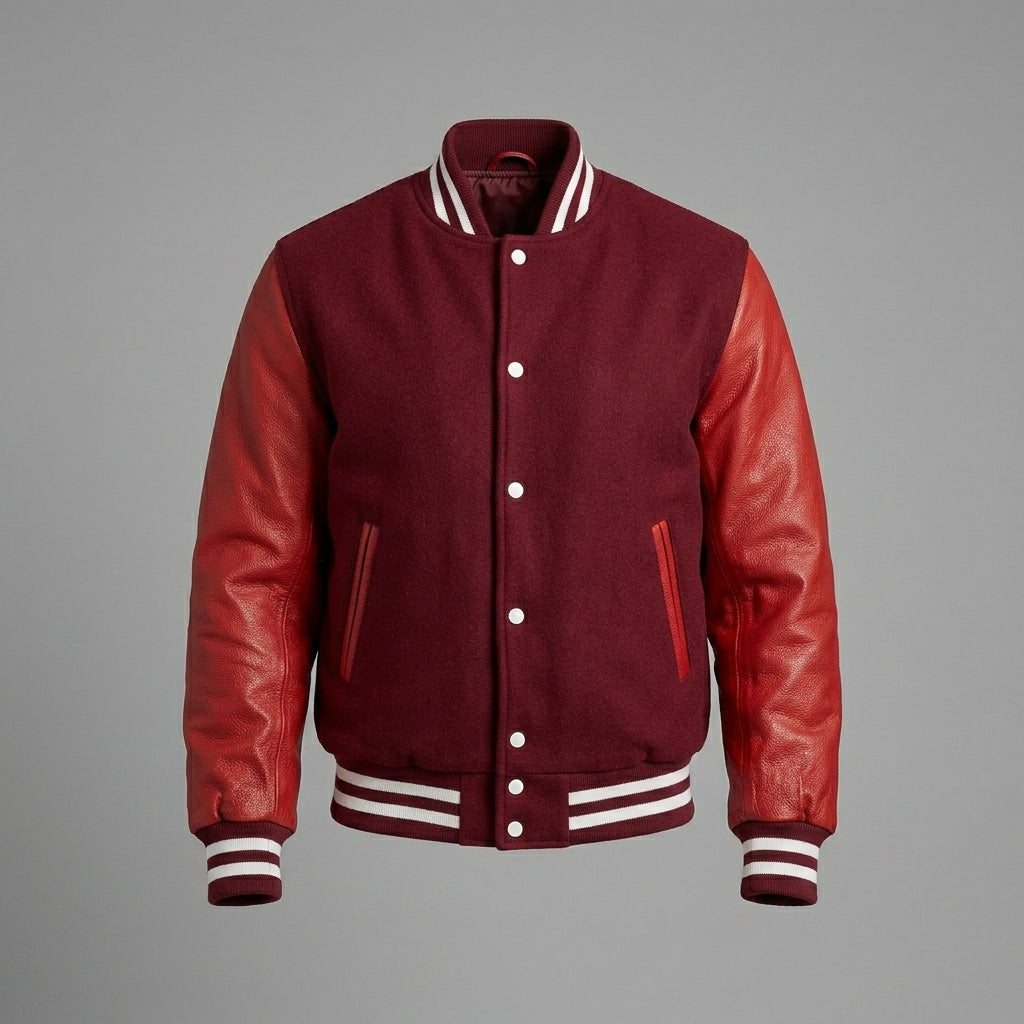 Men’s Maroon Wool Varsity Jacket – Slim Fit Leather Sleeves Baseball Letterman