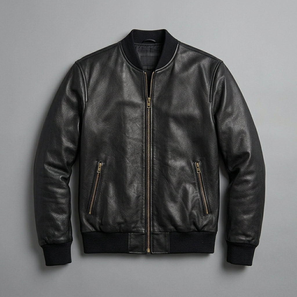 Men’s Genuine Cowhide Leather Varsity Jacket – Black Slim Fit Streetwear Style
