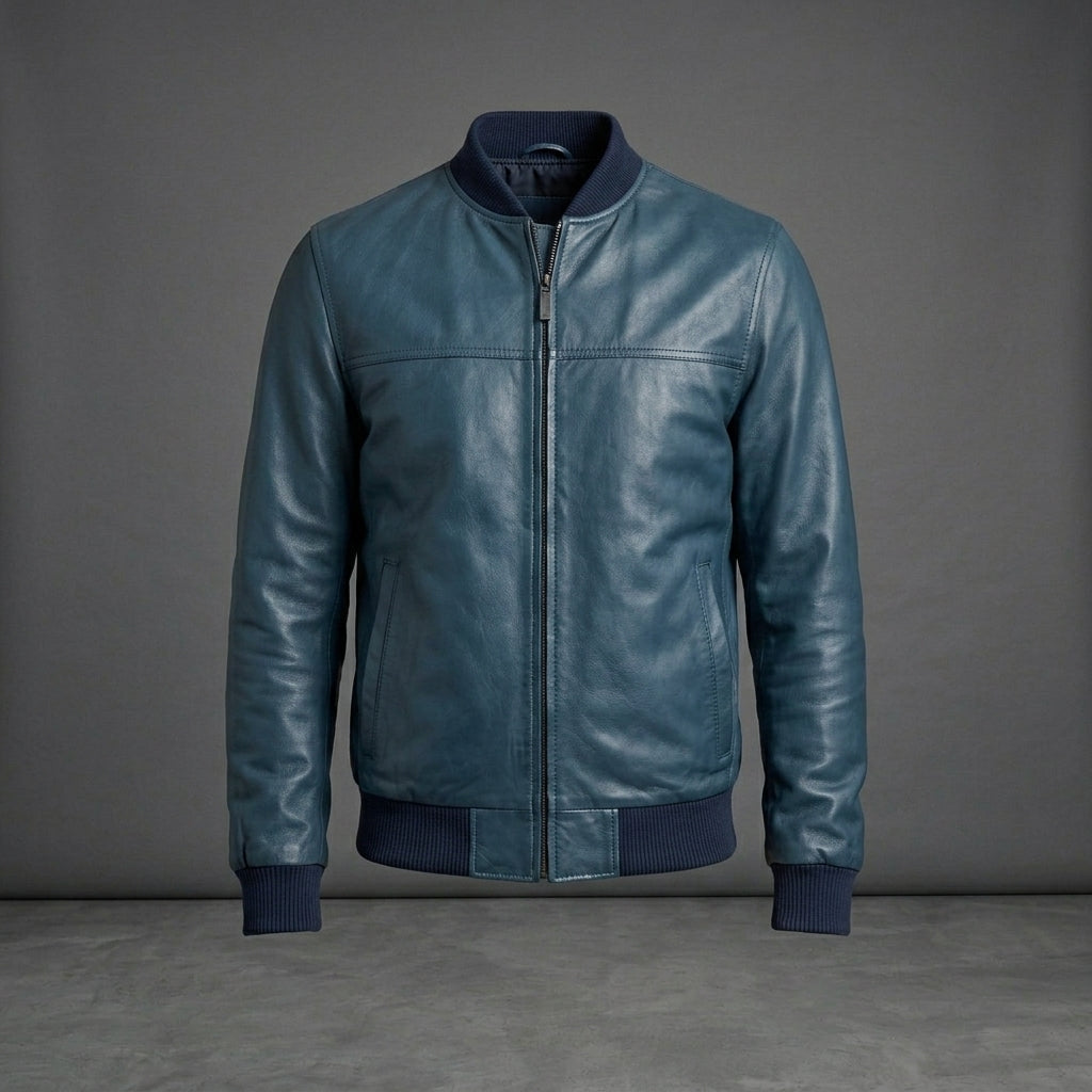 Men’s Navy Waxed Leather Bomber Jacket – Slim Fit Streetwear Style