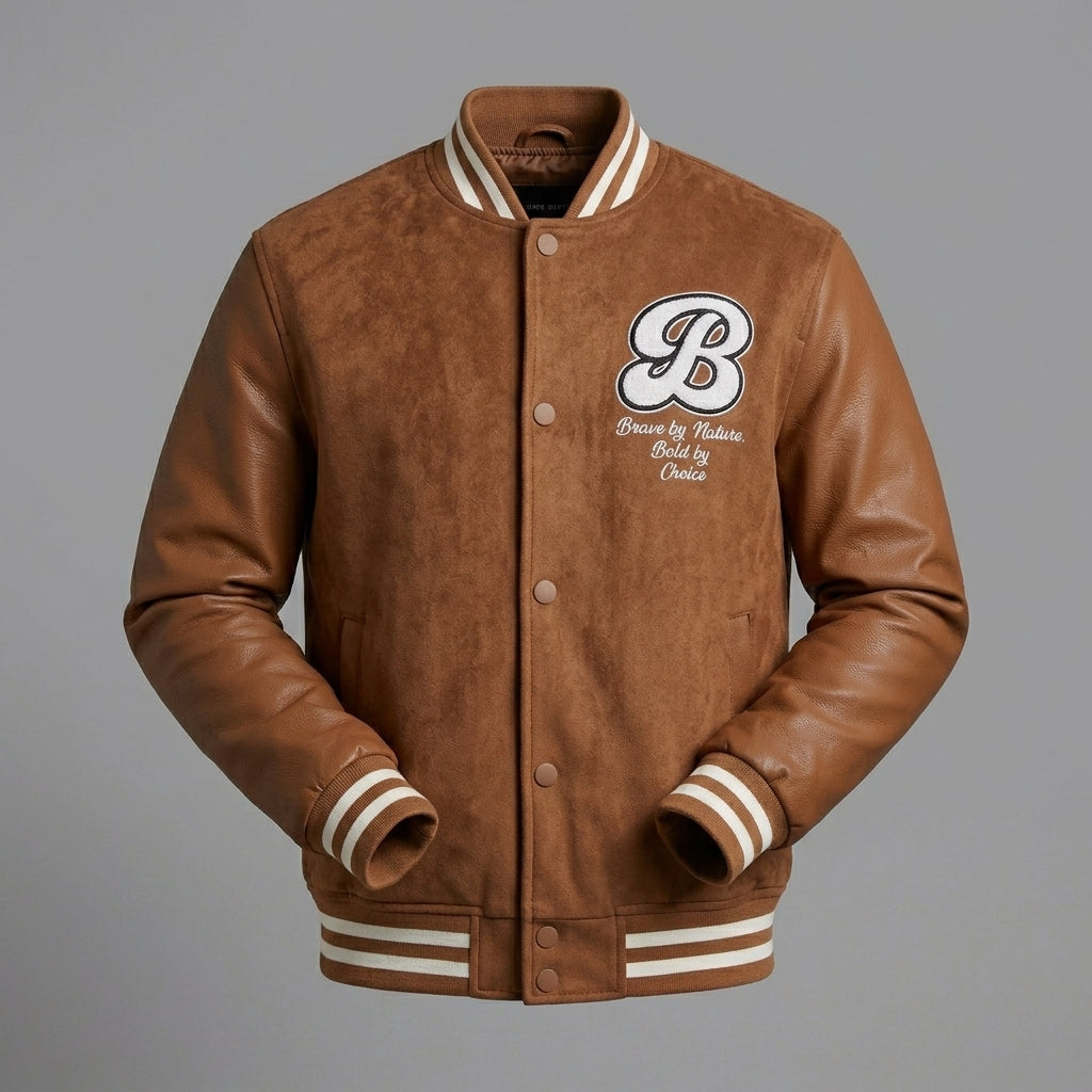 Men’s Slim Fit Brown Varsity Jacket – Patchwork Retro Letterman Style