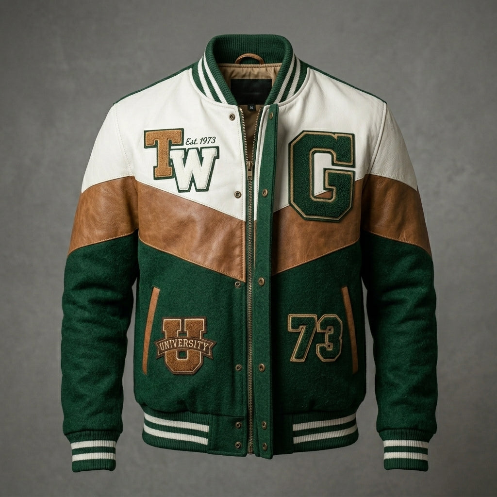 Men’s Lightweight Varsity Bomber Jacket – Green & White Casual Streetwear
