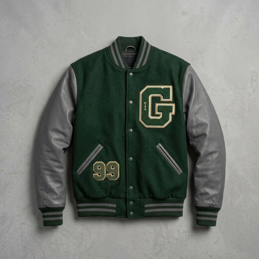 Men’s Green & Grey Vintage Varsity Jacket – Retro Streetwear Letterman Style