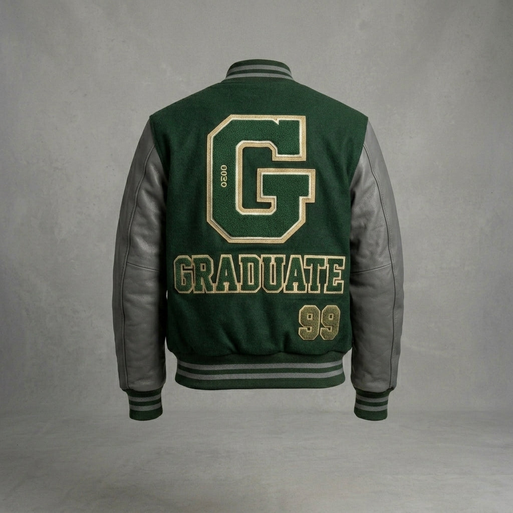 Men’s Green & Grey Vintage Varsity Jacket – Retro Streetwear Letterman Style