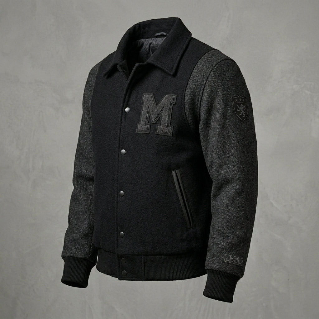 Men’s Black Wool Varsity Jacket – Classic Letterman Streetwear Style