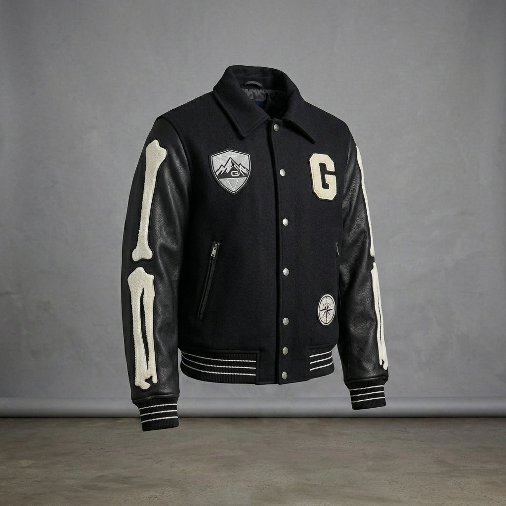 Men’s Custom Embroidery Bones Varsity Jacket – High Quality Wool Letterman Style
