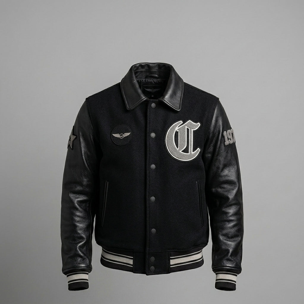 Men’s Black Varsity Style Jacket – Wool Letterman Jacket Retro Streetwear
