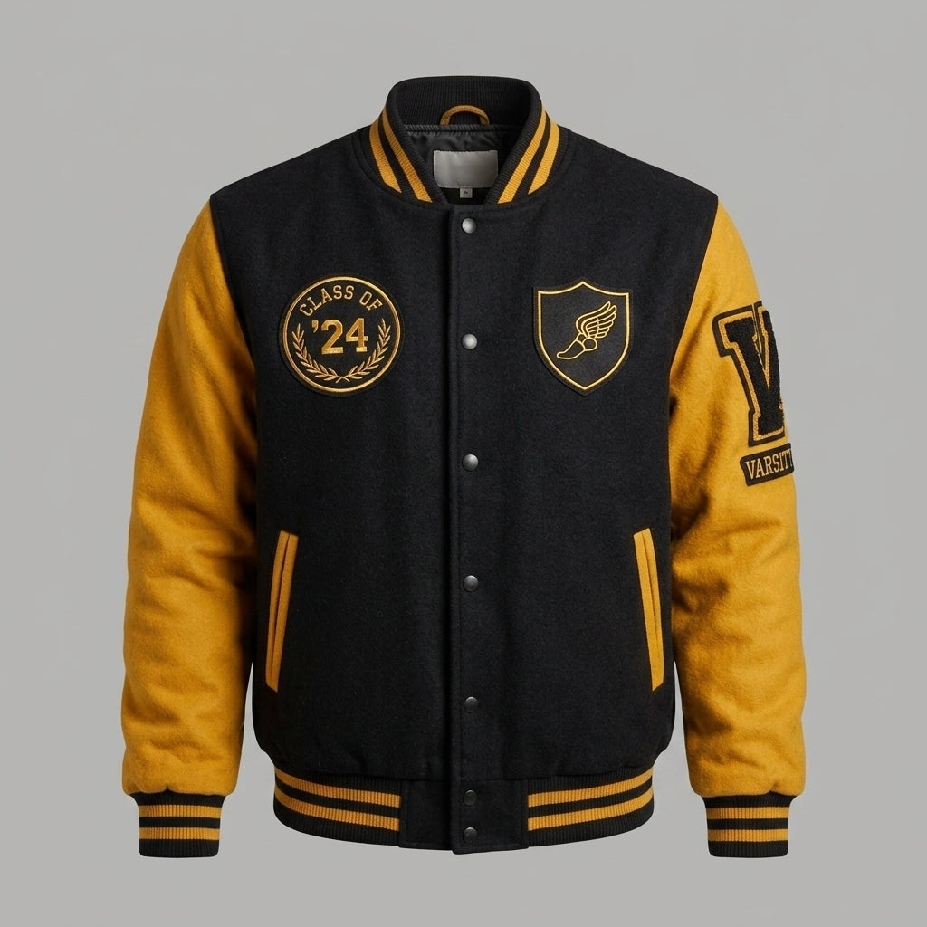 Men’s Yellow & Black Wool Varsity Jacket – Retro Letterman Streetwear Style