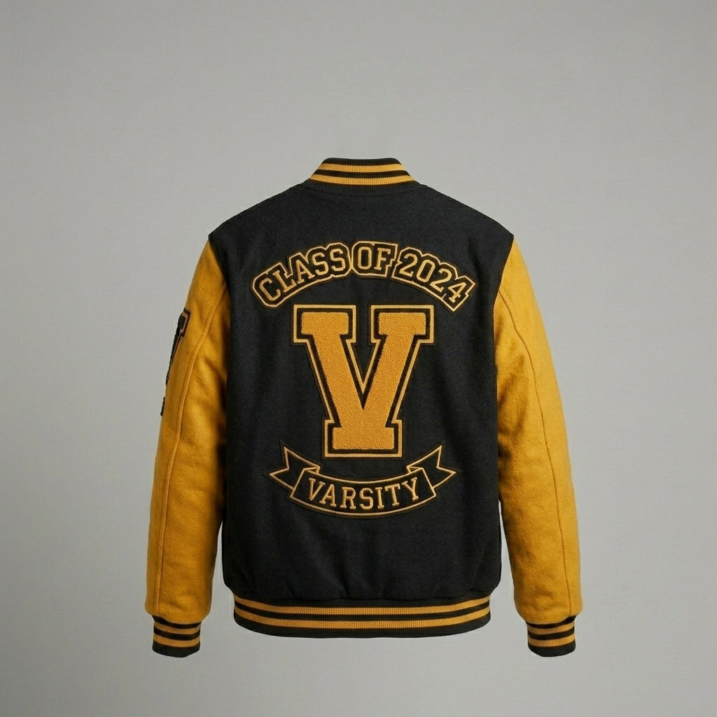 Men’s Yellow & Black Wool Varsity Jacket – Retro Letterman Streetwear Style