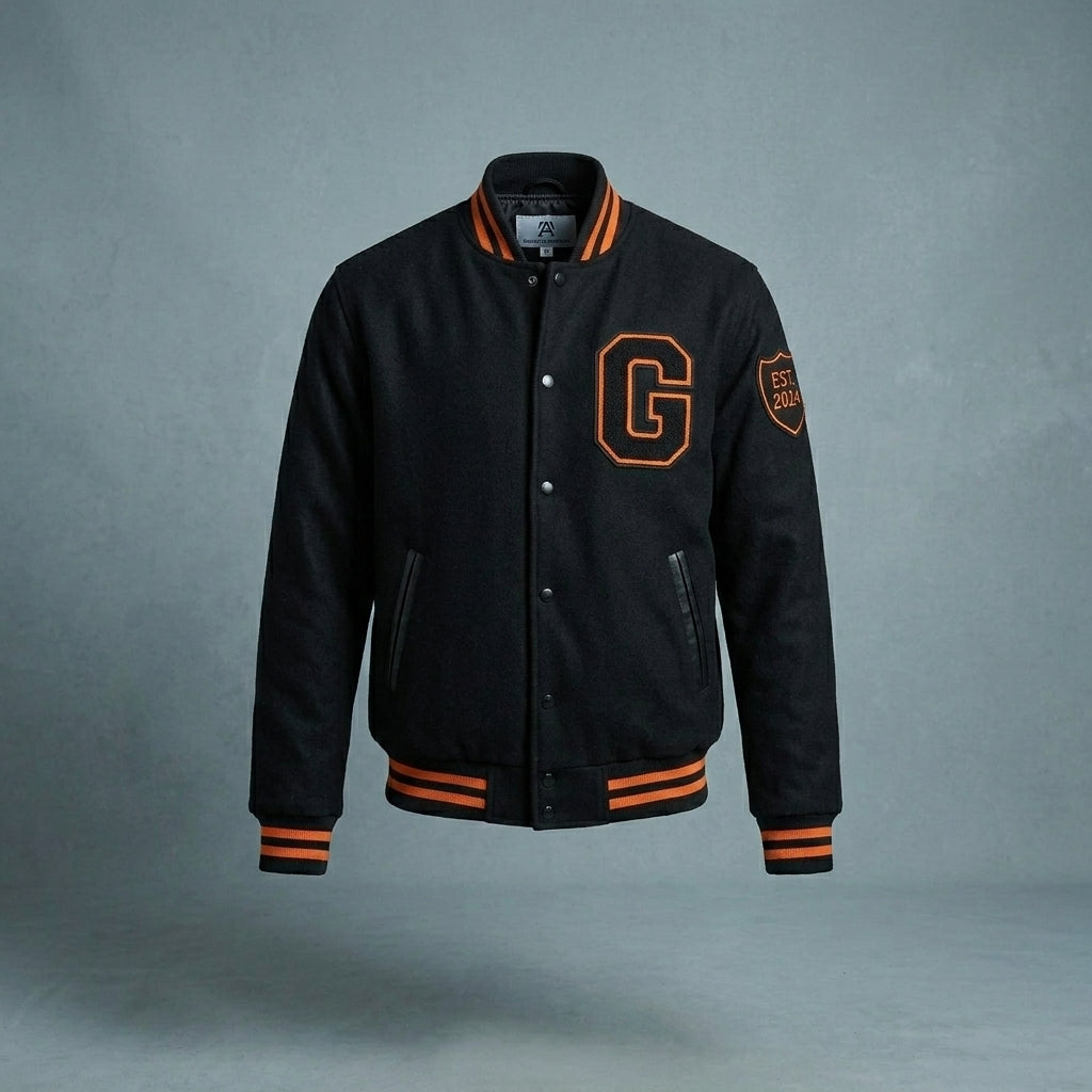 Men’s Black Wool Varsity Jacket – Orange Lining Letterman Streetwear Style