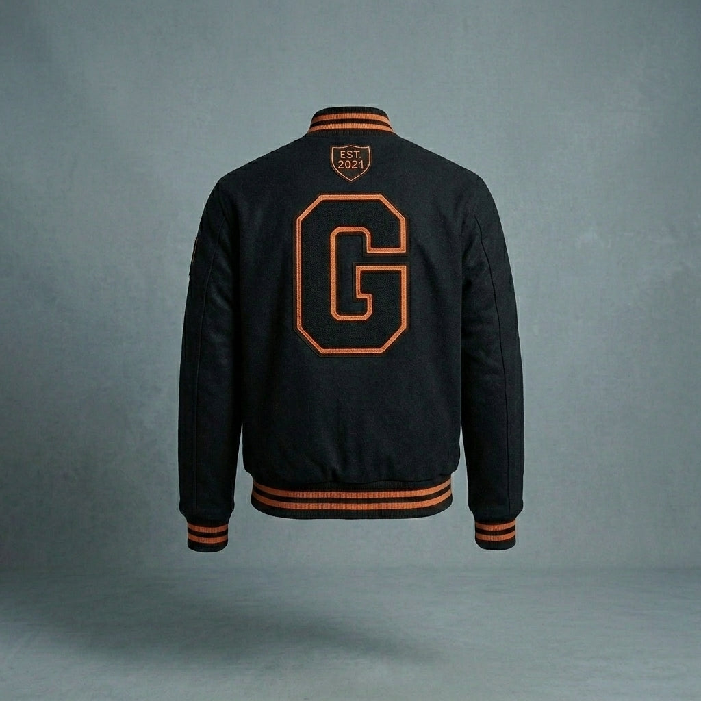 Men’s Black Wool Varsity Jacket – Orange Lining Letterman Streetwear Style