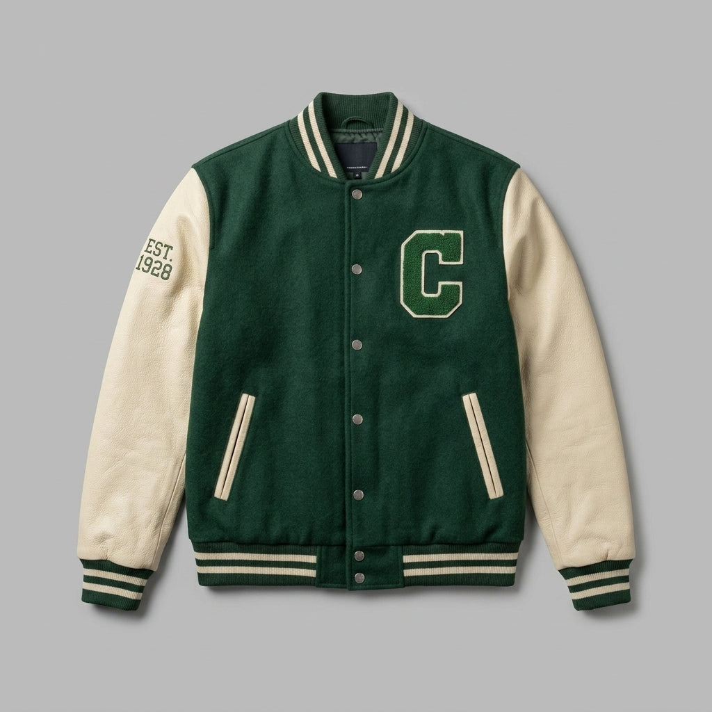 Men’s Light Green Varsity Jacket – Slim Fit Letterman with Cream Faux Leather Sleeves