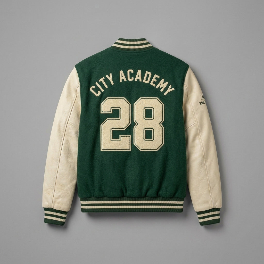 Men’s Light Green Varsity Jacket – Slim Fit Letterman with Cream Faux Leather Sleeves