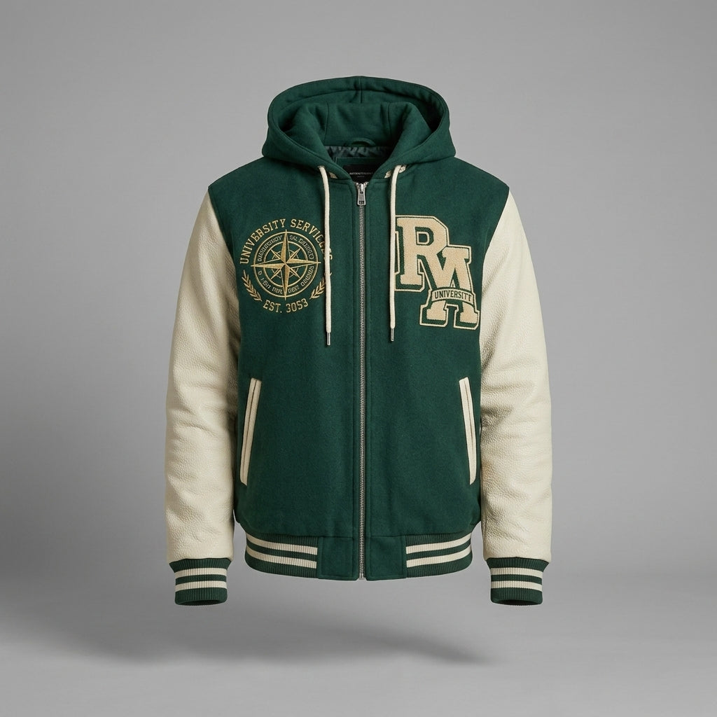 Men’s Hooded Varsity Jacket – Casual Letterman Streetwear Style