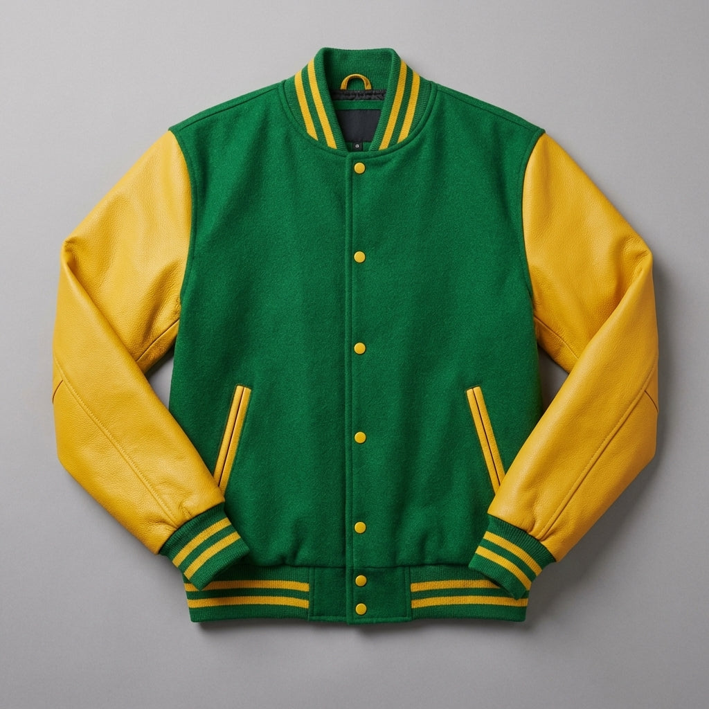 Green & Yellow Sleeves Women Varsity Jacket