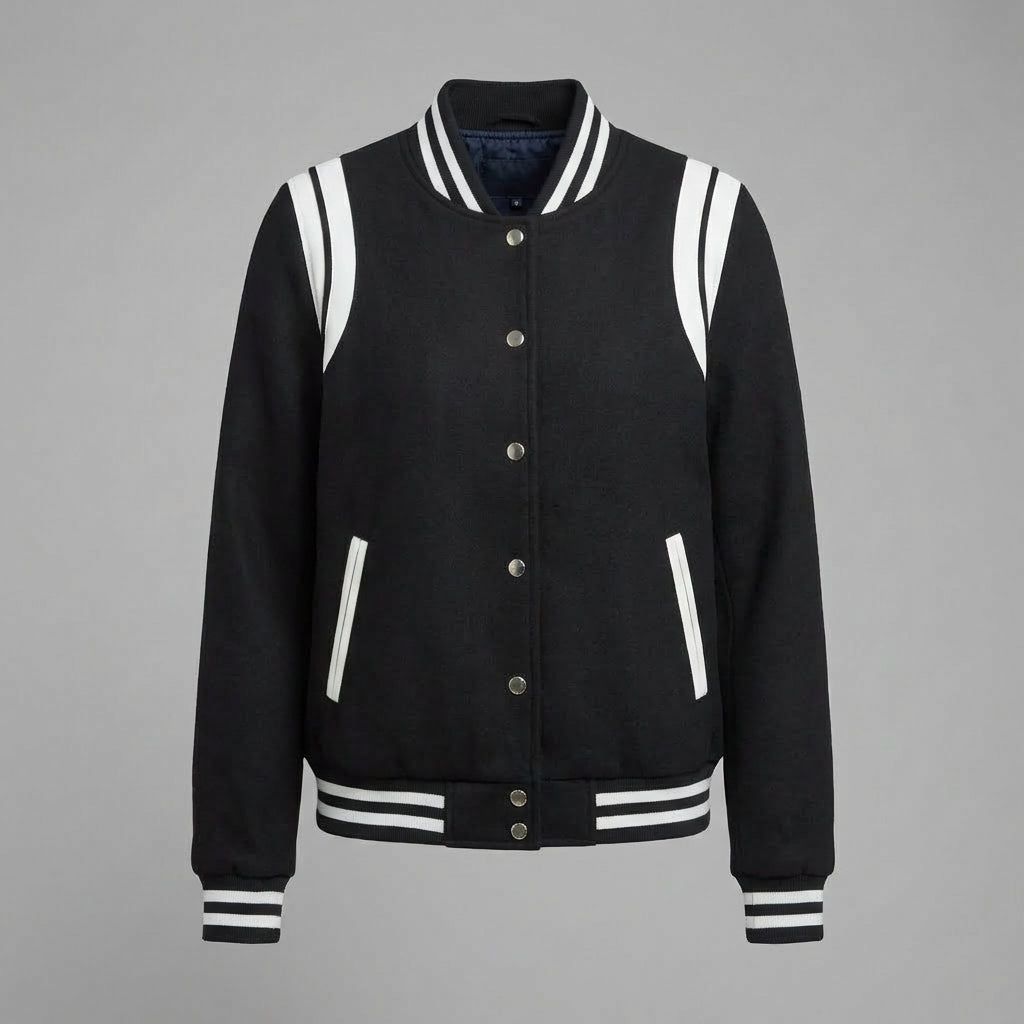 Midnight Black Varsity Jacket with White Lining – Women
