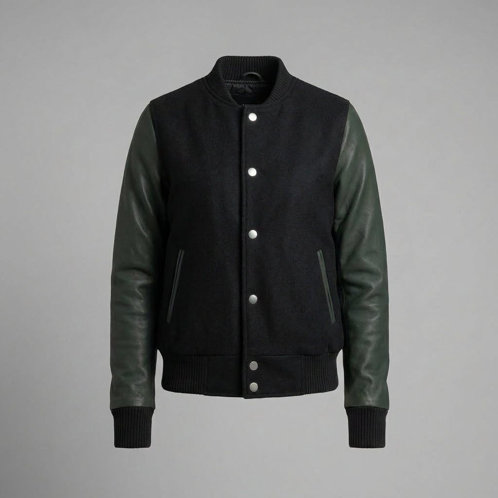 Black & Sea Green Women’s Leather Varsity Jacket