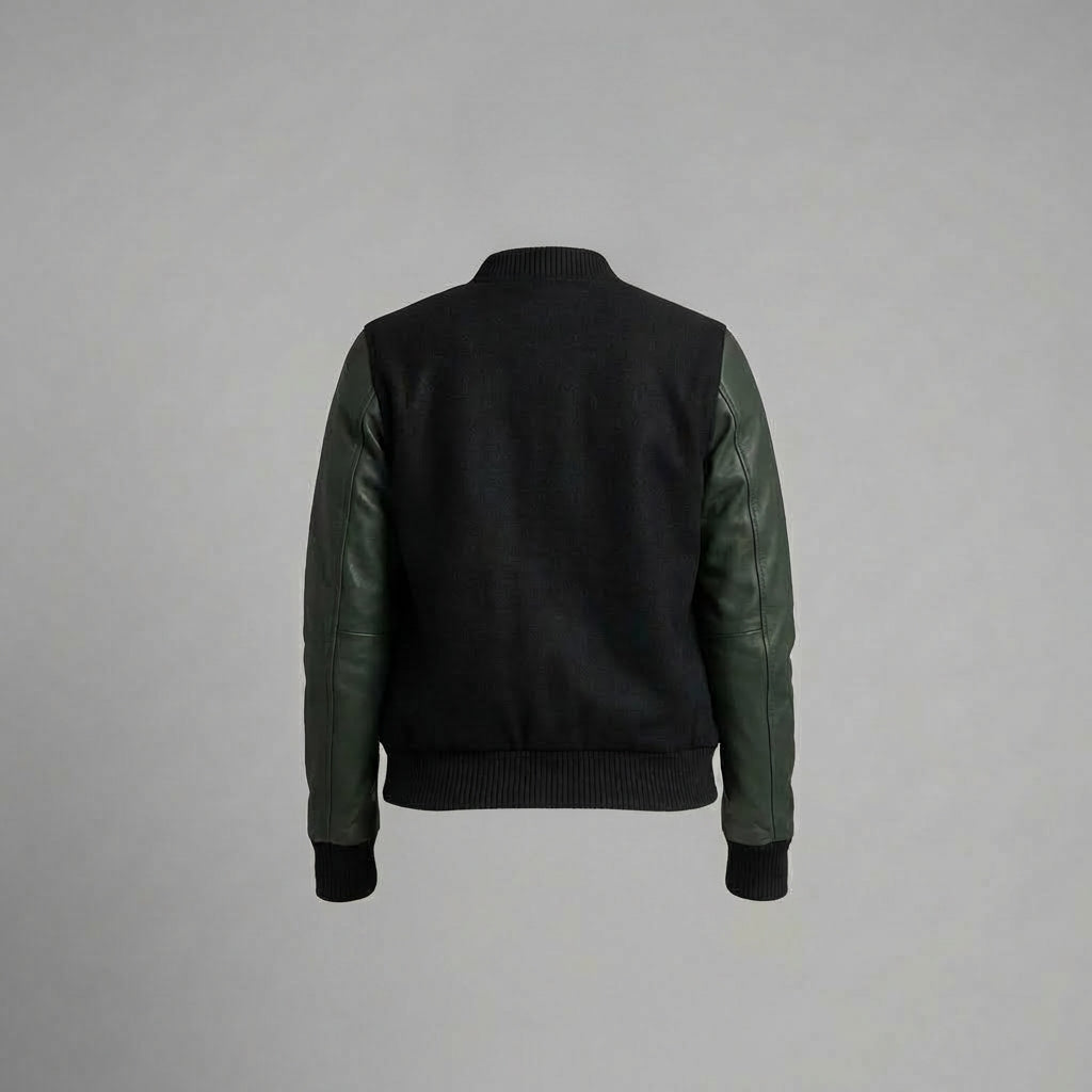 Black & Sea Green Women’s Leather Varsity Jacket