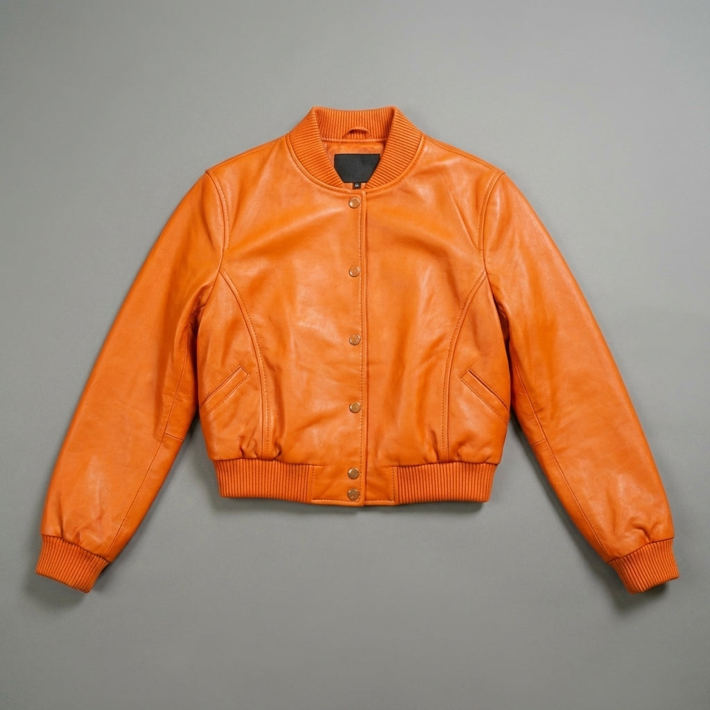 Radiant Orange Leather Women’s Varsity Jacket