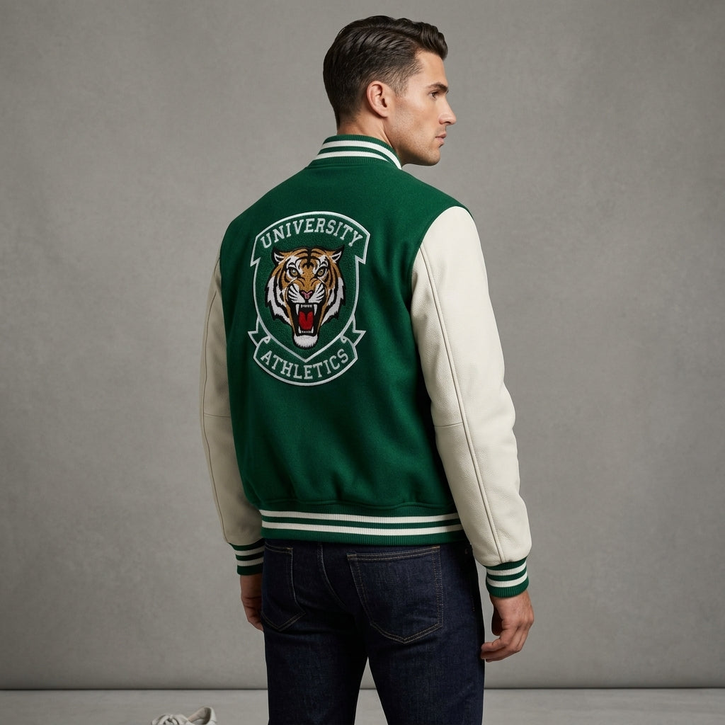 Men’s Green Varsity Jacket – Classic Logo & Athletic Patch Bomber