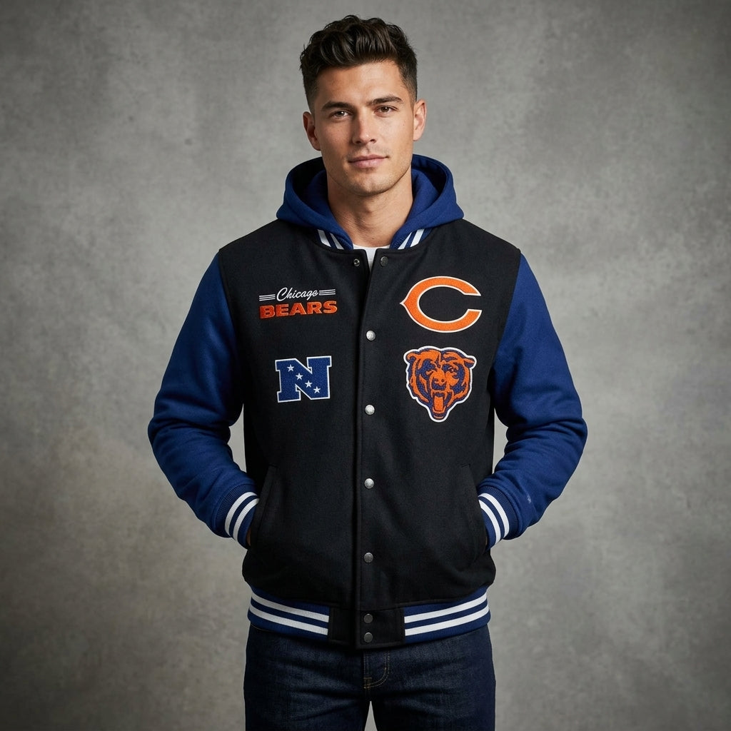 Men’s Navy & Black Hooded Varsity Jacket – Fleece Letterman Bomber