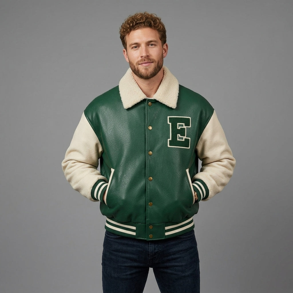 Men’s Green Varsity Jacket – Faux Fur Collar & Cream Sleeve Letterman