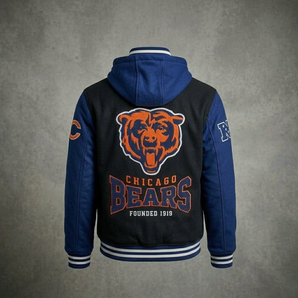 Men’s Navy & Black Hooded Varsity Jacket – Fleece Letterman Bomber