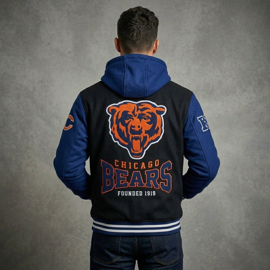 Men’s Navy & Black Hooded Varsity Jacket – Fleece Letterman Bomber