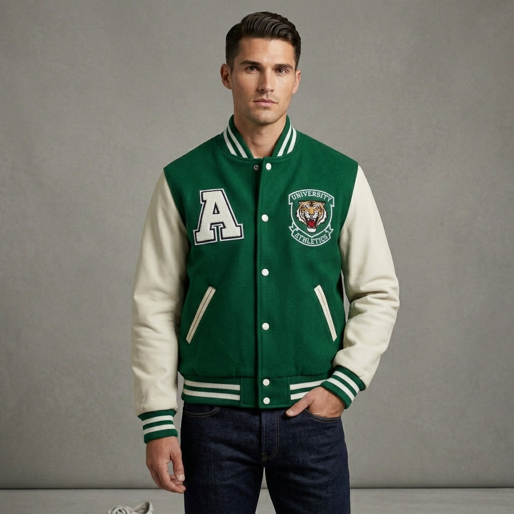 Men’s Green Varsity Jacket – Classic Logo & Athletic Patch Bomber