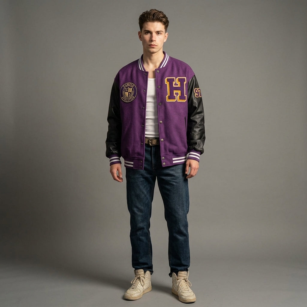 Men’s Varsity Bomber Jacket – Leather Sleeve Letterman Vintage Lightweight Outerwear