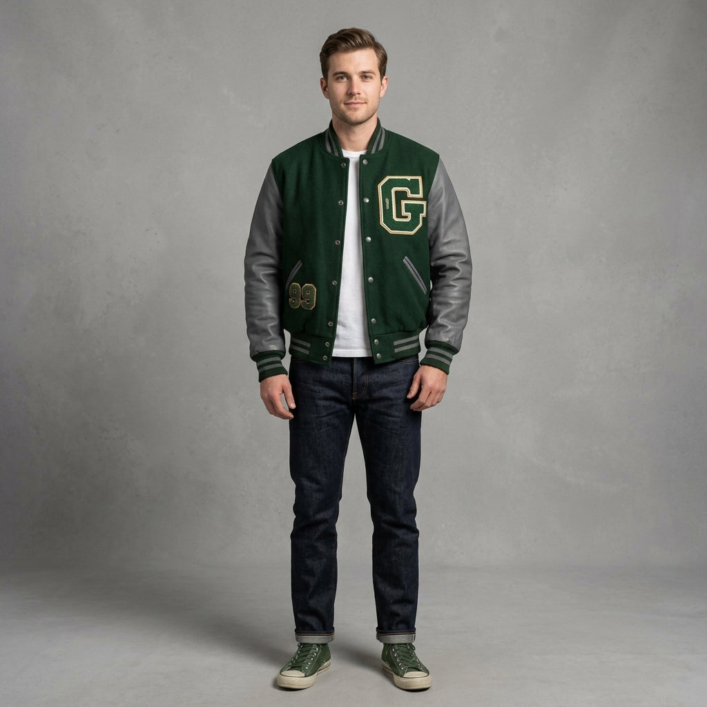 Men’s Green & Grey Vintage Varsity Jacket – Retro Streetwear Letterman Style
