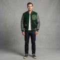 Men’s Green & Grey Vintage Varsity Jacket – Retro Streetwear Letterman Style