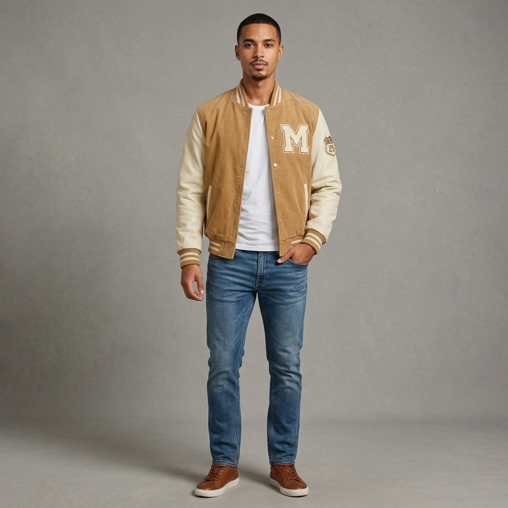 Men’s Corduroy Bomber Jacket – Lightweight Zip Up Vintage Fall Varsity Style