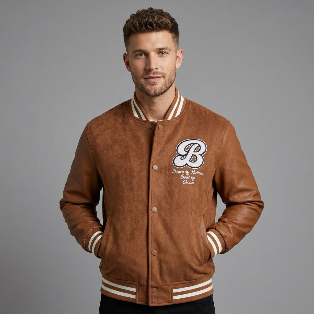 Men’s Slim Fit Brown Varsity Jacket – Patchwork Retro Letterman Style