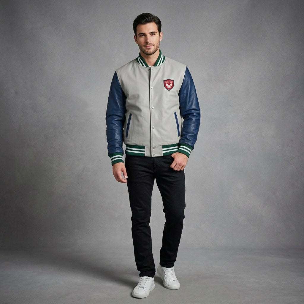 Men’s Slim Fit Leather Varsity Jacket – Classic Streetwear Letterman Style