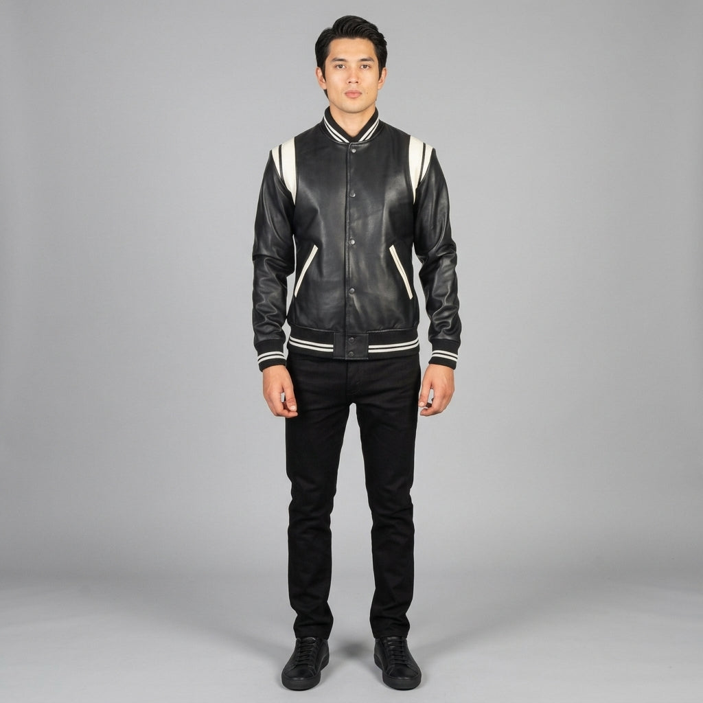 Men’s Black Leather Letterman Jacket – Classic Varsity Bomber