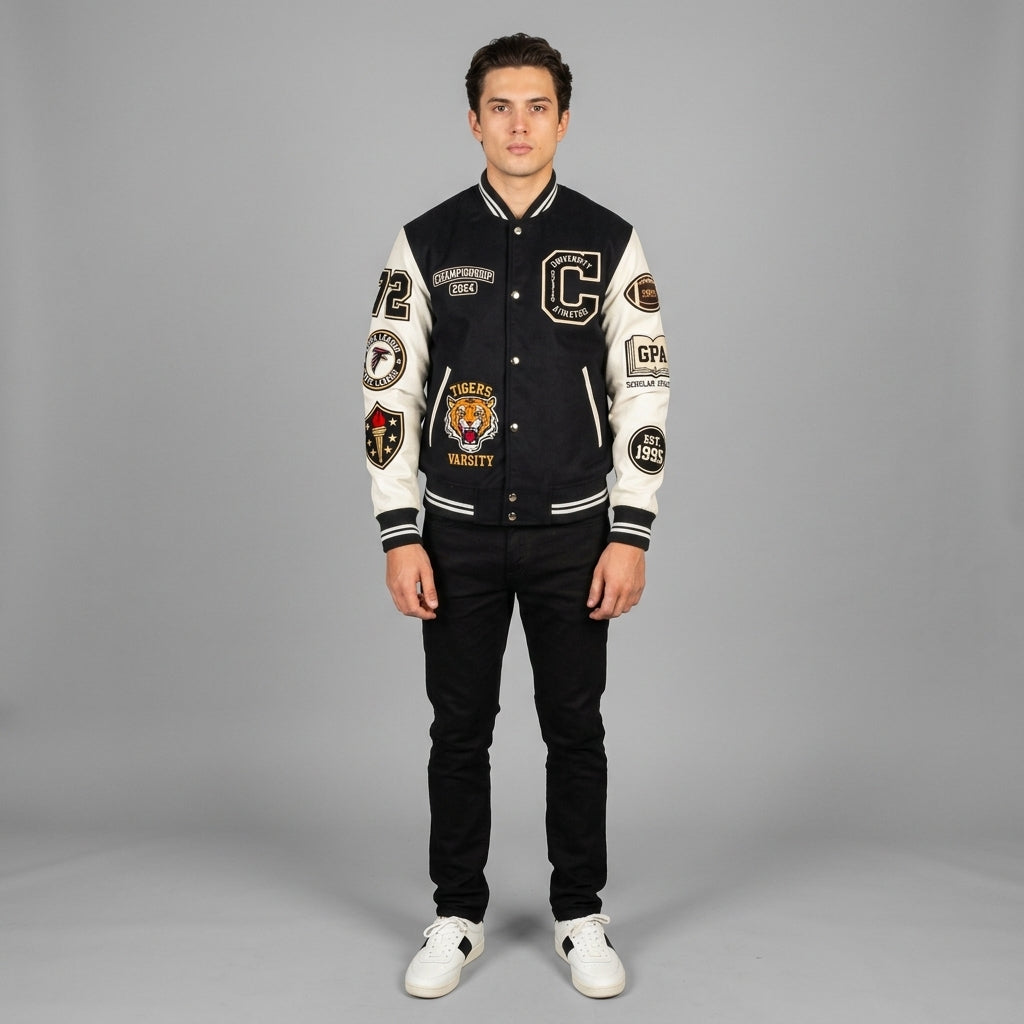 Men’s Black & White Varsity Jacket – Classic Hybrid Letterman