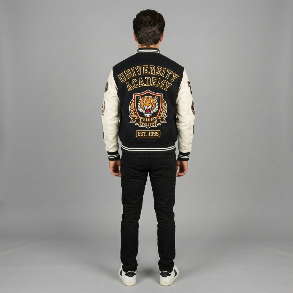 Men’s Black & White Varsity Jacket – Classic Hybrid Letterman