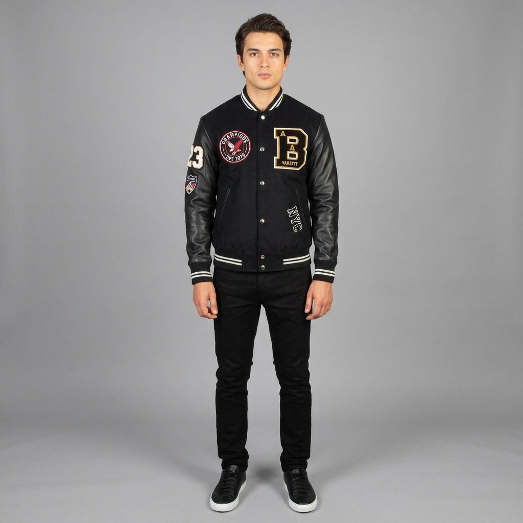 Men’s Black Striped Varsity Jacket – Classic Hybrid Bomber