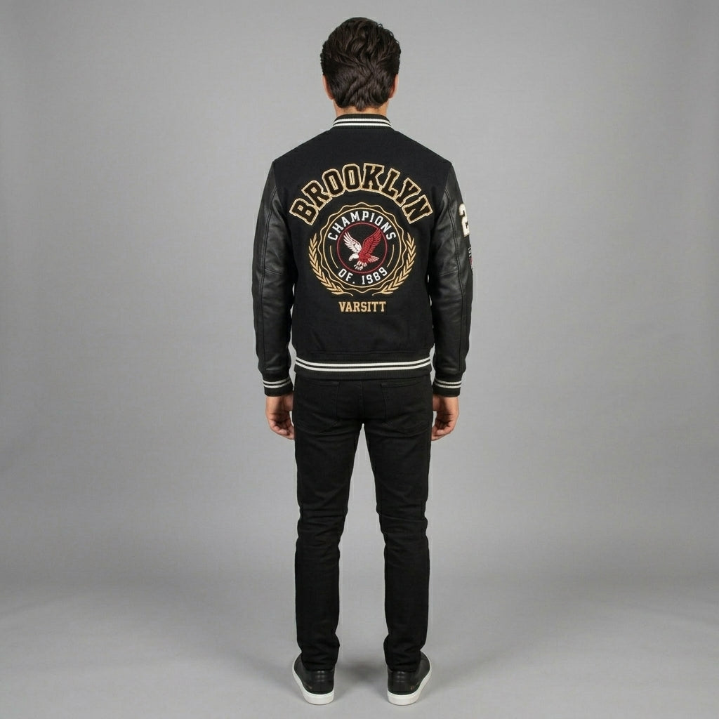 Men’s Black Striped Varsity Jacket – Classic Hybrid Bomber