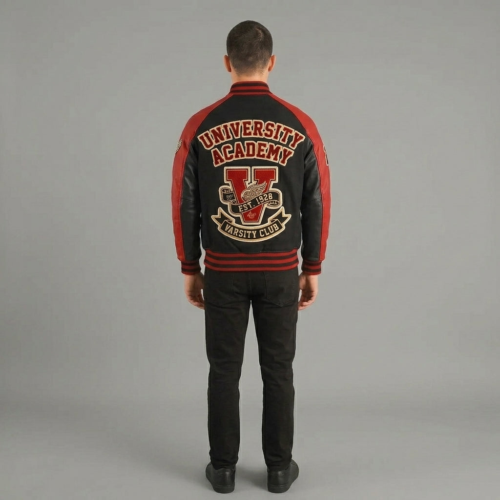 Men’s Red & Black Classic Letterman Jacket – Varsity Bomber
