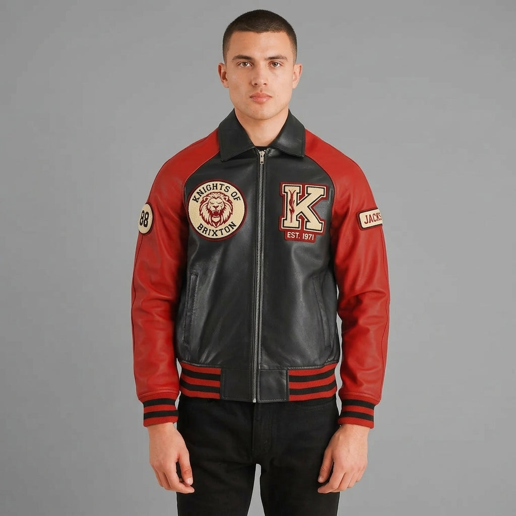 Men’s Red & Black Patchwork Letterman Jacket – Classic Varsity Bomber