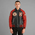 Men’s Red & Black Patchwork Letterman Jacket – Classic Varsity Bomber