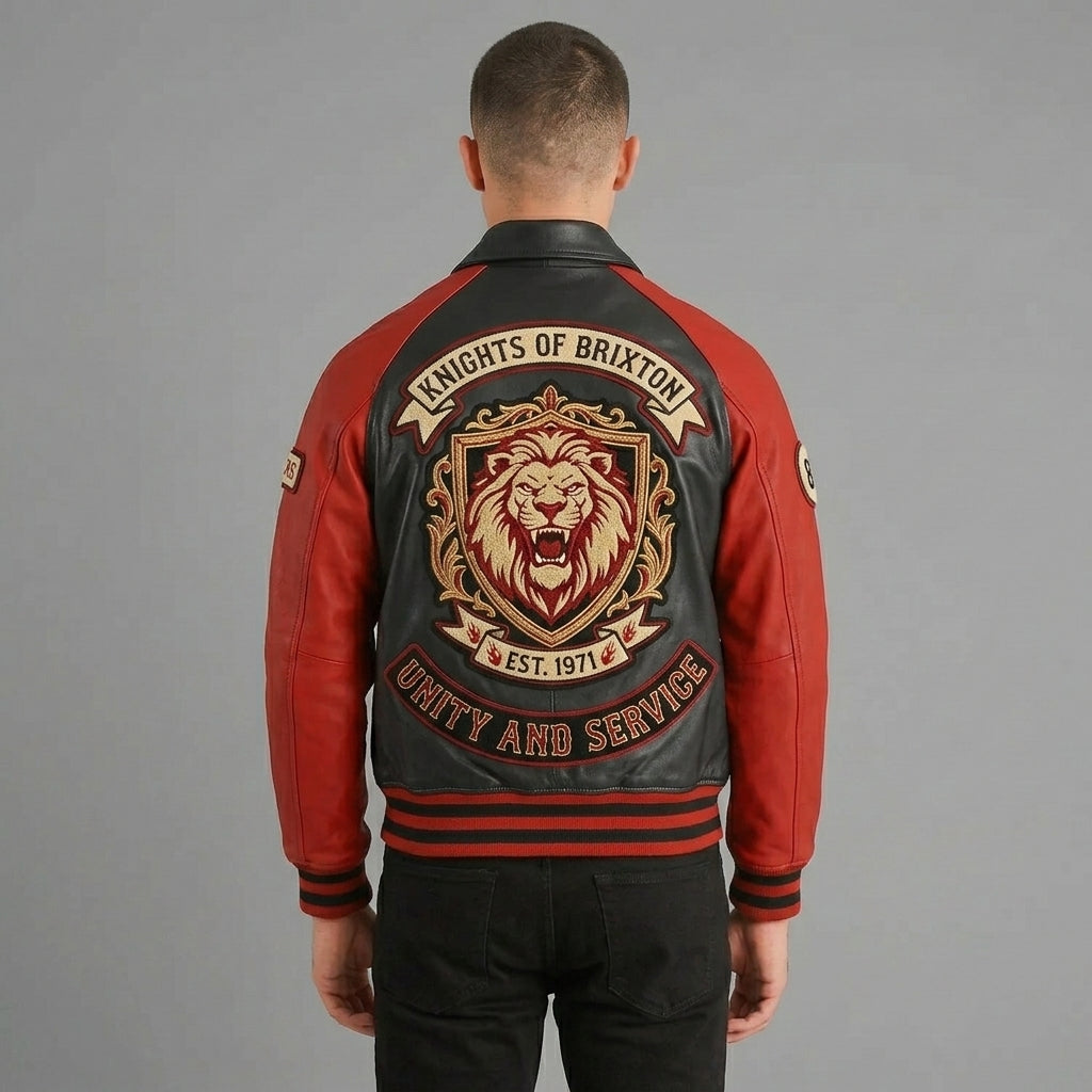 Men’s Red & Black Patchwork Letterman Jacket – Classic Varsity Bomber