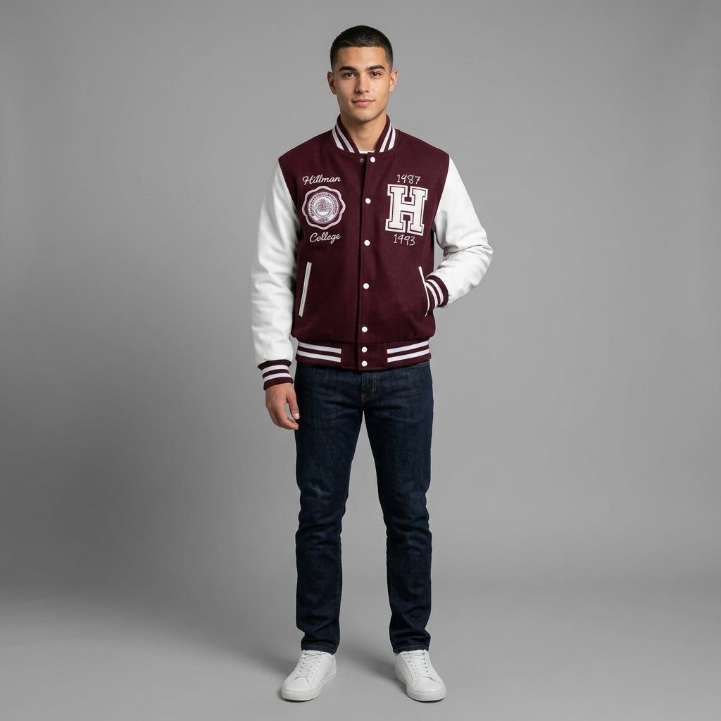 Men’s Custom College Letterman Jacket – Maroon & White Varsity