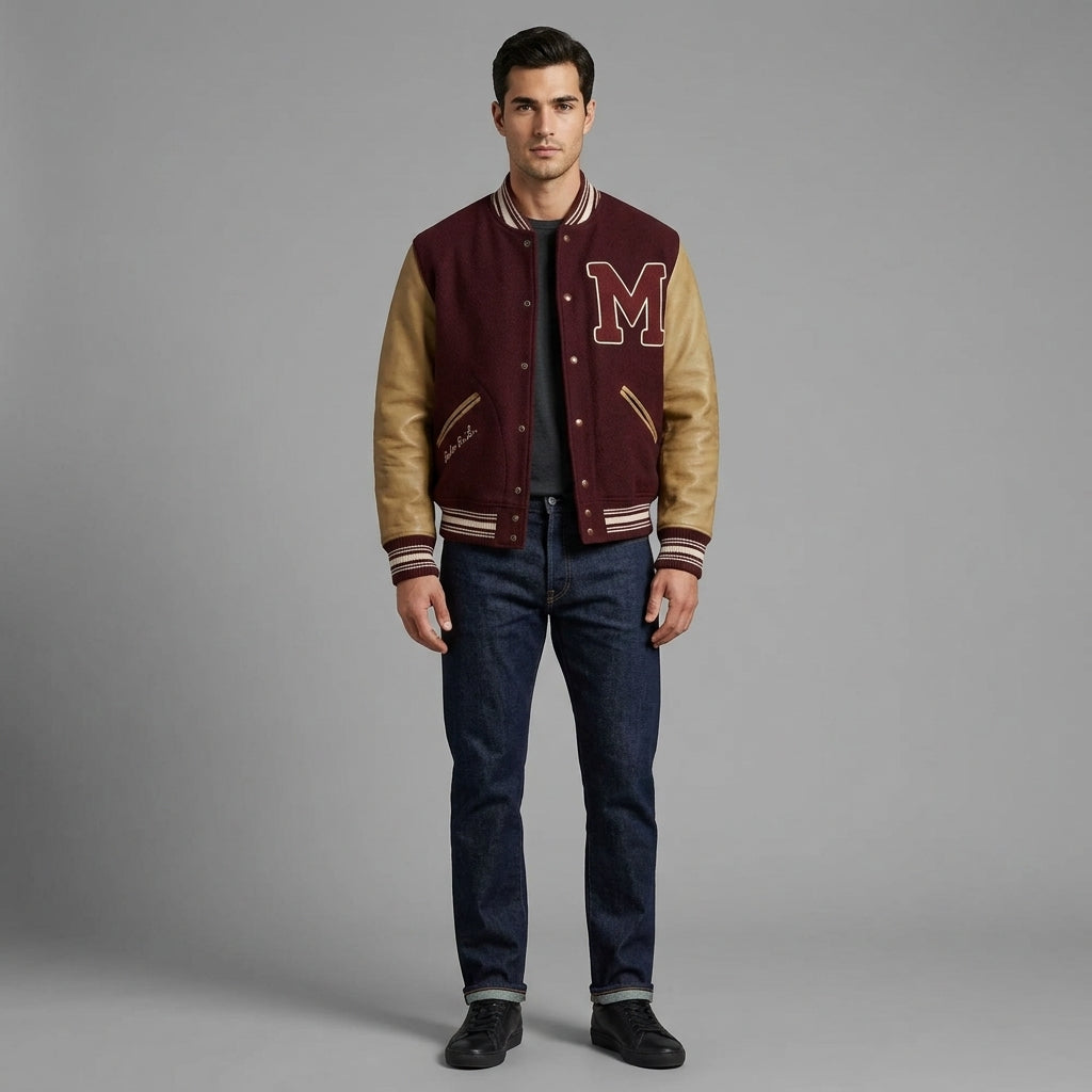 Men’s Maroon Wool Varsity Jacket – Leather Sleeve Letterman Bomber