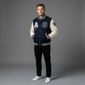 Men’s Royal Blue Wool Varsity Jacket – Faux Leather Sleeves & Custom Logos