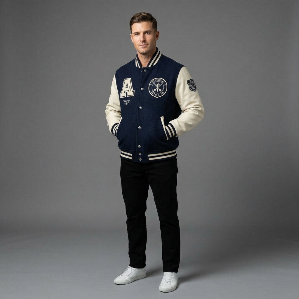 Men’s Royal Blue Wool Varsity Jacket – Faux Leather Sleeves & Custom Logos